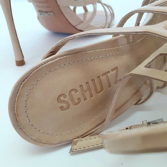 Shutz Juliana Caged Heels Nude Patent Leather Peep Toe Strap Heels 8 Wedding - Picture 11 of 14